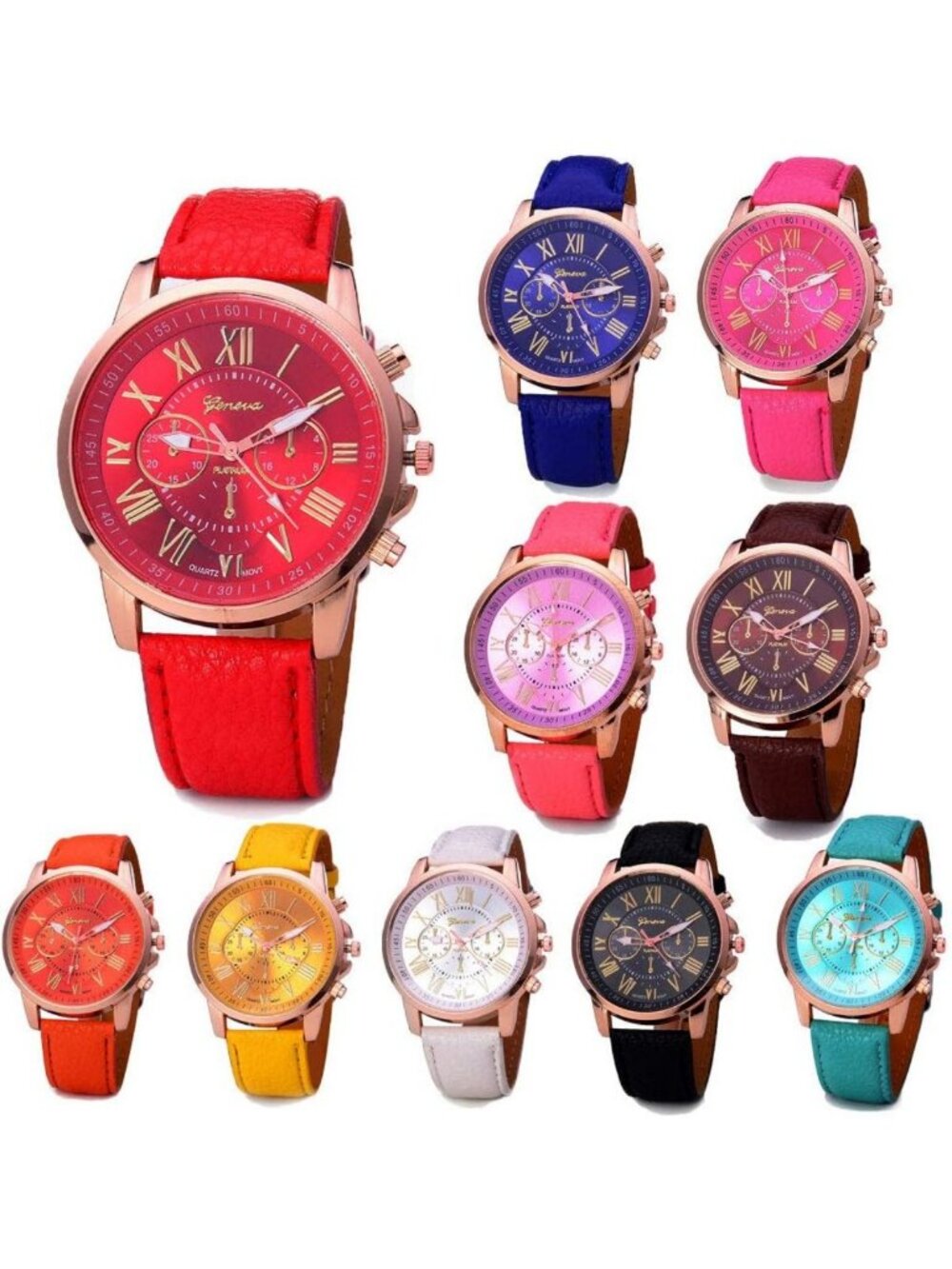 Stylish Unisex Gold Plated PU Leather Round Wrist Watches - Lot of 10 Pcs